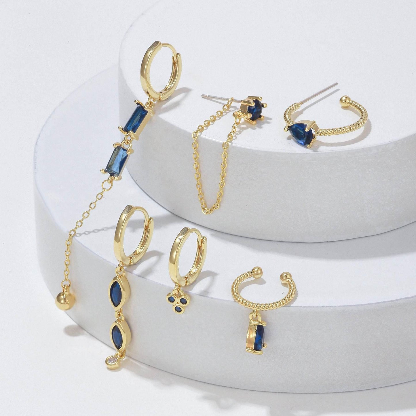 Stacking 6 Pieces Long Tassel Vintage Earring Set with Micro-Pavé Dazzling Blue Zircons, 18k Gold Plated Ear Studs & Ear Drops, S925 Needle, Stacked Lobe Designs with Dazzling Zirconia