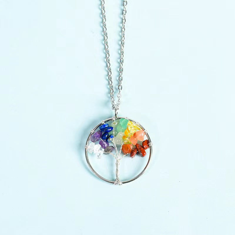 Lucky Tree Colorful Natural Crystal Stone Korean Style Necklace Silver Chain Hausofjb