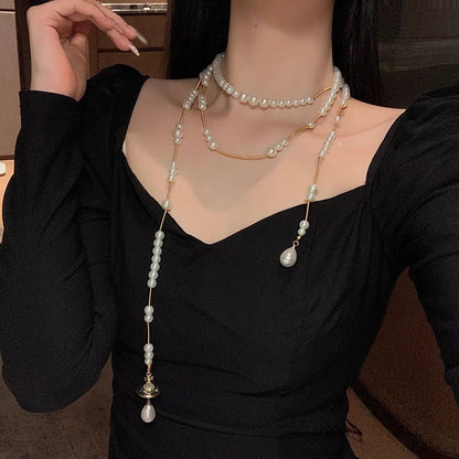 Light Luxury Imitation Pearl Tassel Starry Compass Saturn Necklace Hausofjb
