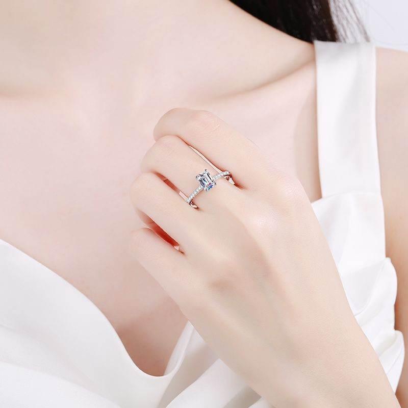 S925 Emerald Cut Moissanite Engagement Ring, Sterling Silver Promise Ring with Pavé Band, Dainty CZ Bridal Wedding Jewelry, Gift for Her