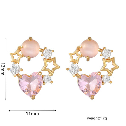 16 Pairs Pink Heart Stud Hoop Huggies Drop Earrings Set, 18K Gold Plated Stacking CZ & Pearl Designs, Planet Snowflake Moon Star | Cubic Zirconia
