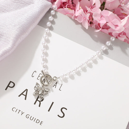Alloy Butterfly Rhinestone Pearl Clavicle Chain Necklace Europe Style Hausofjb