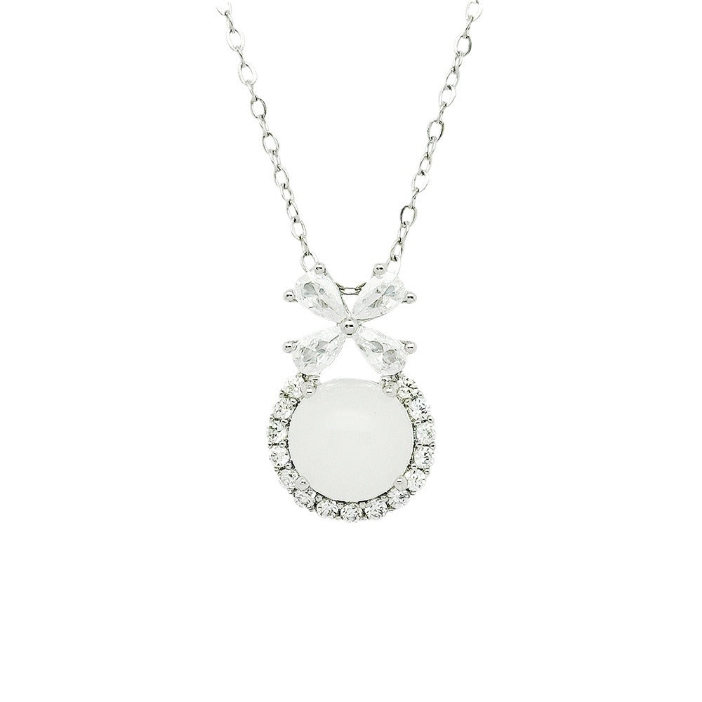 Women's White Chalcedony Titanium Steel Necklace Bow Design High Grade Classic Hausofjb
