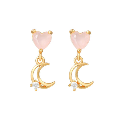 16 Pairs Pink Heart Stud Hoop Huggies Drop Earrings Set, 18K Gold Plated Stacking CZ & Pearl Designs, Planet Snowflake Moon Star | Cubic Zirconia
