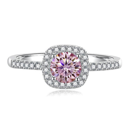 S925 Multicolor Moissanite Cushion Halo Adjustable Rings with Pavé-Set Band & Square Accents, 0.5ct-2ct D-Grade VVS Certificate, 12 Vibrant Colors, Sterling Silver Jewelry