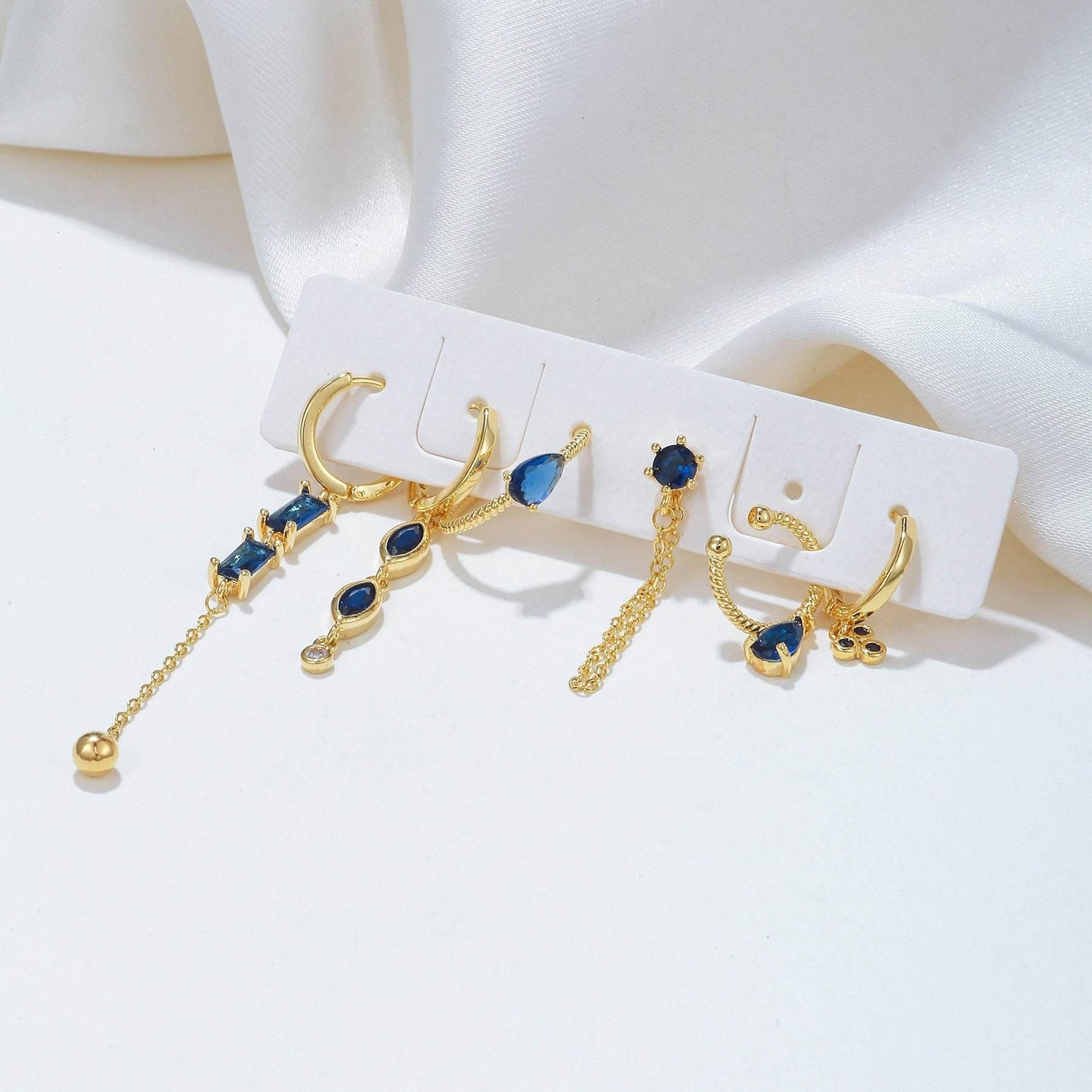 Stacking 6 Pieces Long Tassel Vintage Earring Set with Micro-Pavé Dazzling Blue Zircons, 18k Gold Plated Ear Studs & Ear Drops, S925 Needle, Stacked Lobe Designs with Dazzling Zirconia