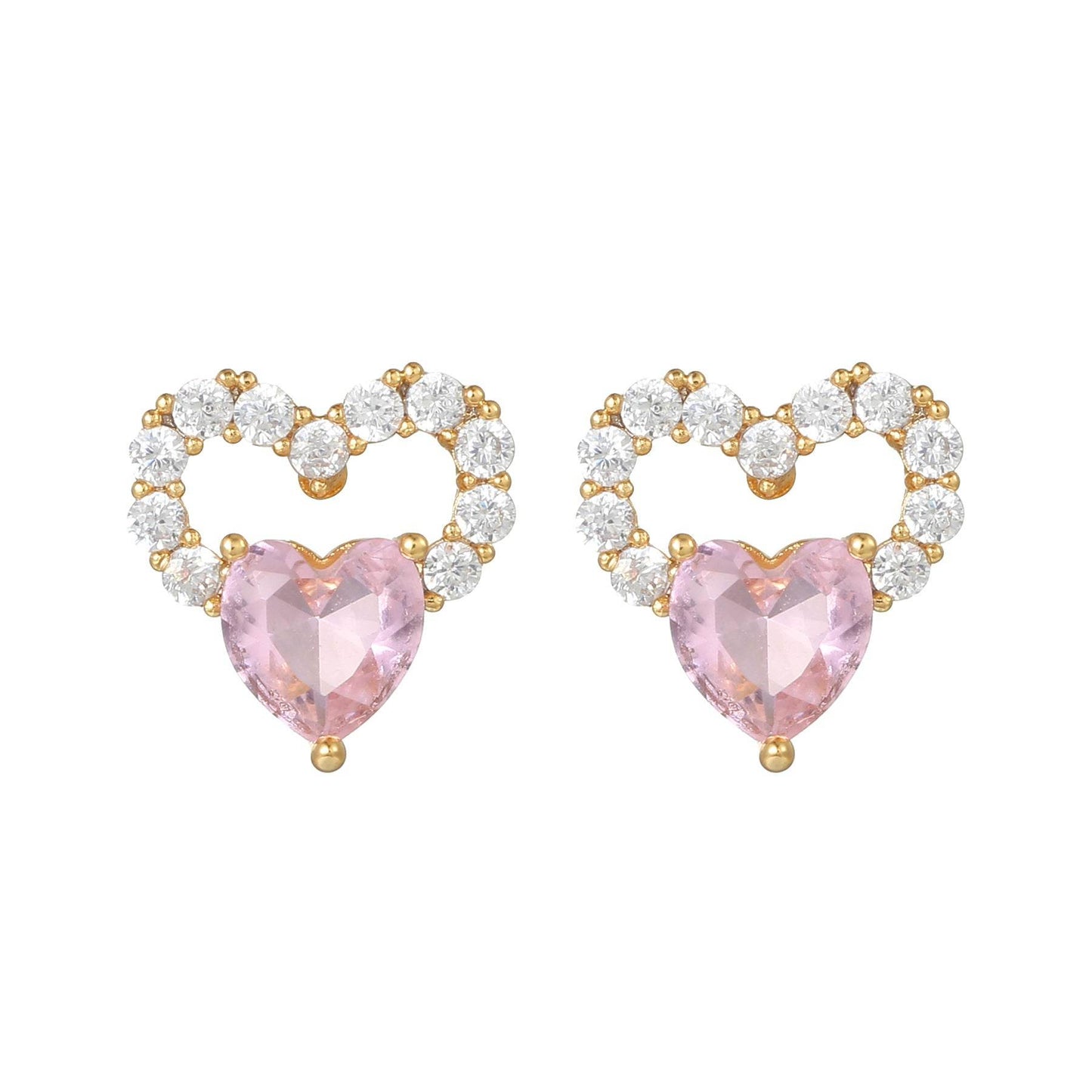 16 Pairs Pink Heart Stud Hoop Huggies Drop Earrings Set, 18K Gold Plated Stacking CZ & Pearl Designs, Planet Snowflake Moon Star | Cubic Zirconia