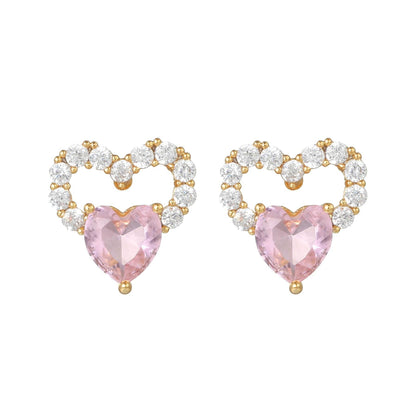 16 Pairs Pink Heart Stud Hoop Huggies Drop Earrings Set, 18K Gold Plated Stacking CZ & Pearl Designs, Planet Snowflake Moon Star | Cubic Zirconia