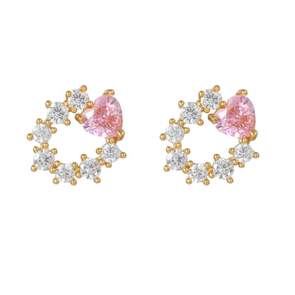 16 Pairs Pink Heart Stud Hoop Huggies Drop Earrings Set, 18K Gold Plated Stacking CZ & Pearl Designs, Planet Snowflake Moon Star | Cubic Zirconia