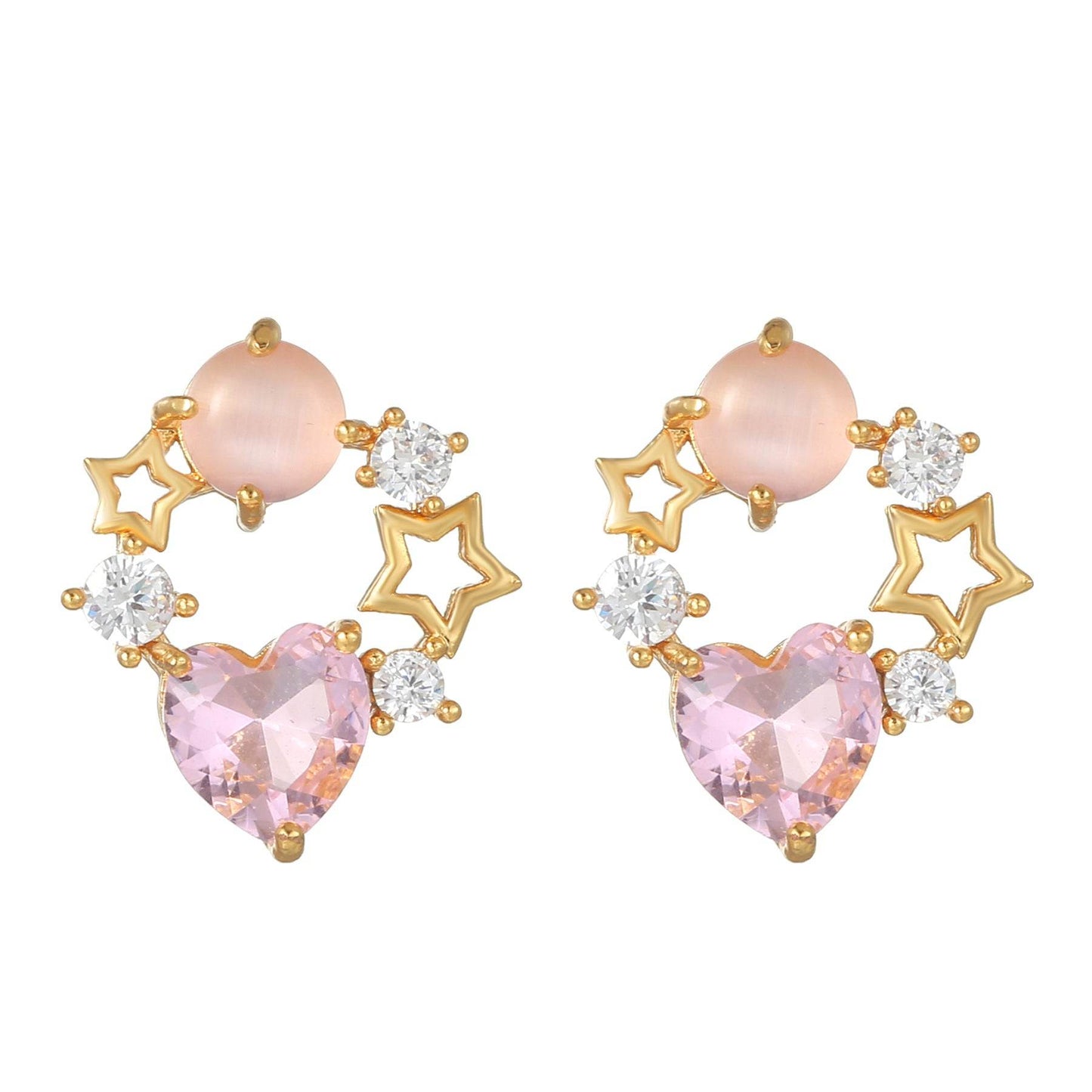 16 Pairs Pink Heart Stud Hoop Huggies Drop Earrings Set, 18K Gold Plated Stacking CZ & Pearl Designs, Planet Snowflake Moon Star | Cubic Zirconia