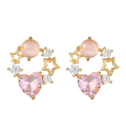 16 Pairs Pink Heart Stud Hoop Huggies Drop Earrings Set, 18K Gold Plated Stacking CZ & Pearl Designs, Planet Snowflake Moon Star | Cubic Zirconia