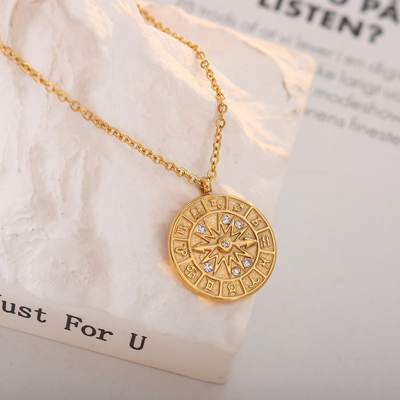 Round Zircon Inlaid Constellation Dial Hour Necklace In Titanium Steel Hausofjb