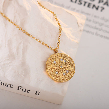 Round Zircon Inlaid Constellation Dial Hour Necklace In Titanium Steel Hausofjb