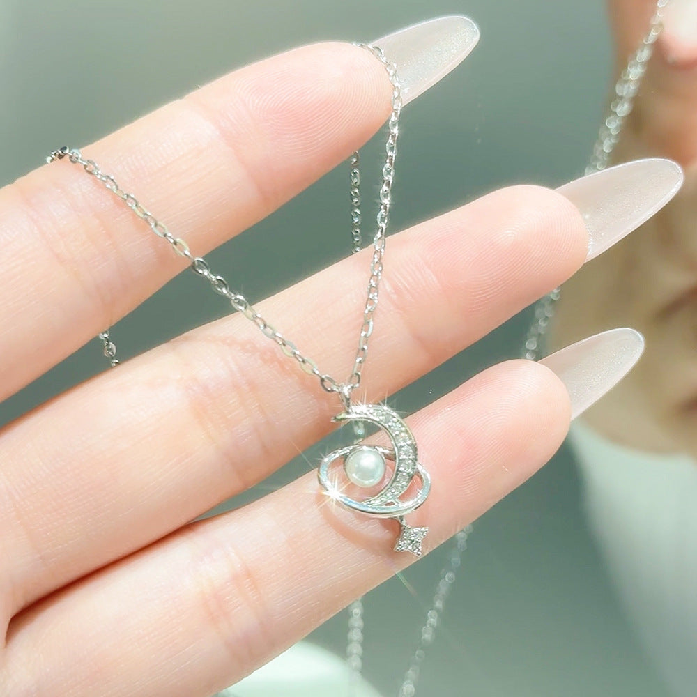Women's White Chalcedony Titanium Steel Necklace Bow Design High Grade Classic Hausofjb