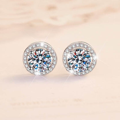 S925 White Moissanite Halo Stud Earrings, Sterling Silver D-Grade VVS Round-Cut Certificated Moissanite Jewelry for Men & Women, Simple & Stylish Gift for Wedding, Birthday, Anniversary