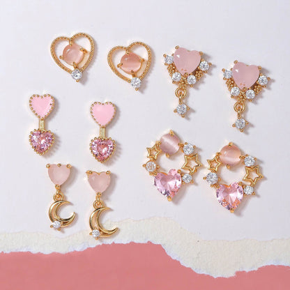 16 Pairs Pink Heart Stud Hoop Huggies Drop Earrings Set, 18K Gold Plated Stacking CZ & Pearl Designs, Planet Snowflake Moon Star | Cubic Zirconia