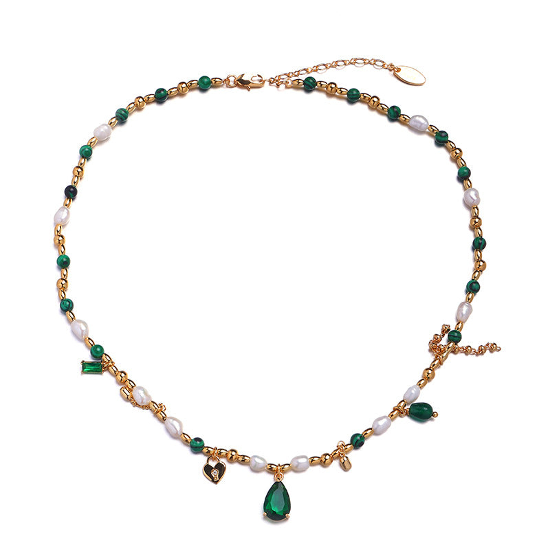 Malachite Electroplated Round Necklace Retro Fashion Jewelry Copper Zircon Hausofjb