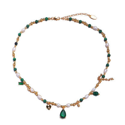 Malachite Electroplated Round Necklace Retro Fashion Jewelry Copper Zircon Hausofjb