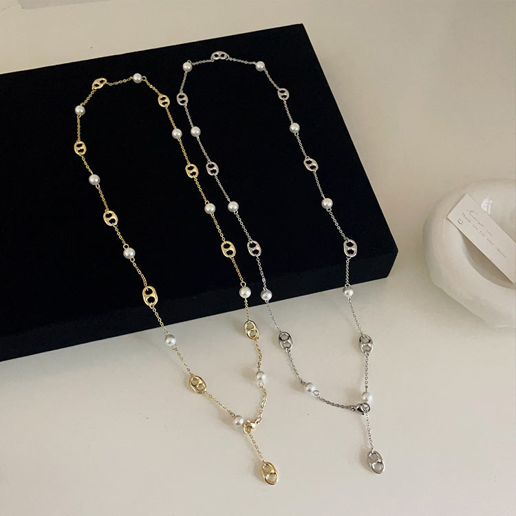 Womens Metal Pearl Design Necklace Niche Retro Minimalist Jewelry Hausofjb
