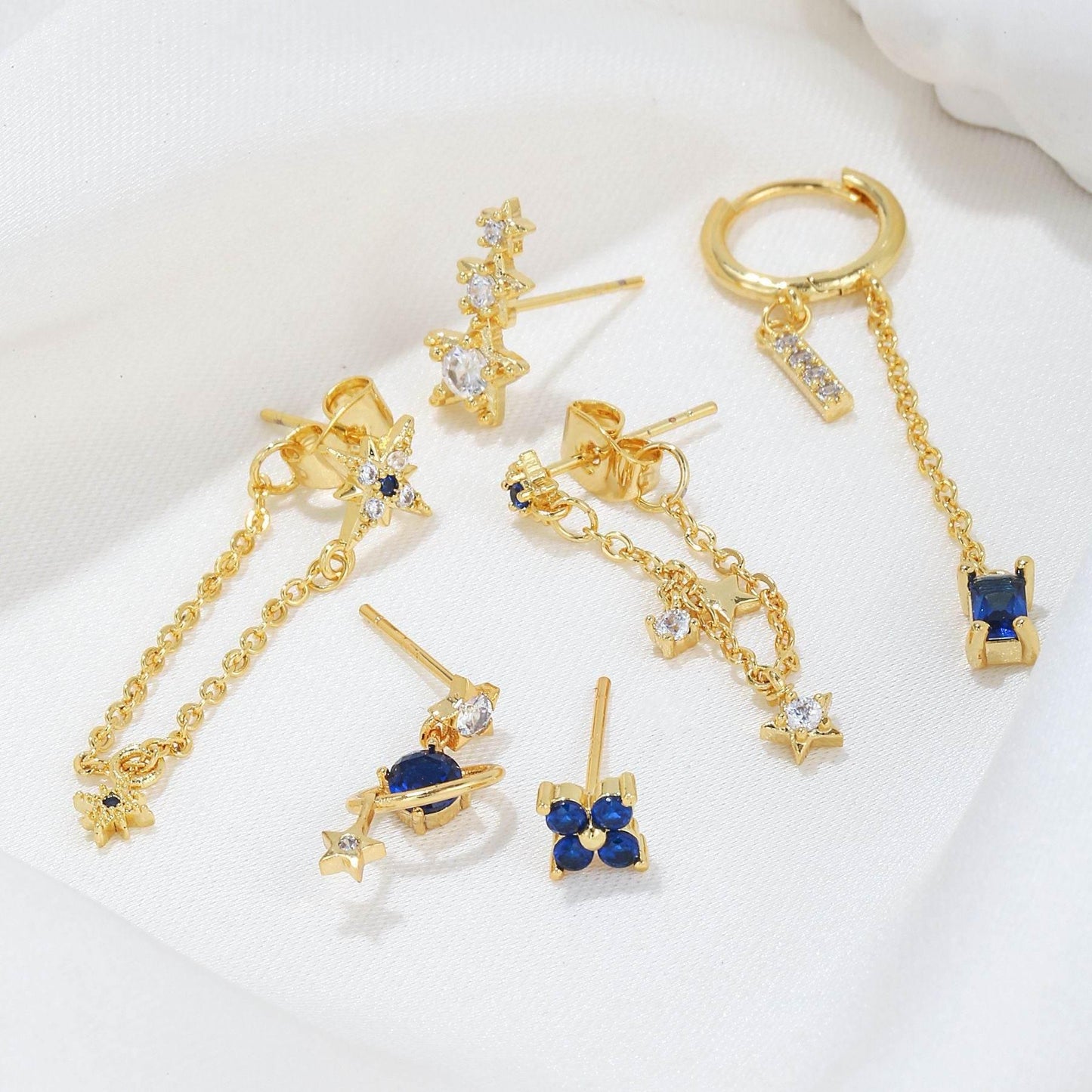 Stacking 6 Pieces Planet and Long Tassel Earring Set with Micro-Pavé Dazzling Zircons, 18k Gold Plated Ear Studs & Ear Drops, Stacked Lobe Design