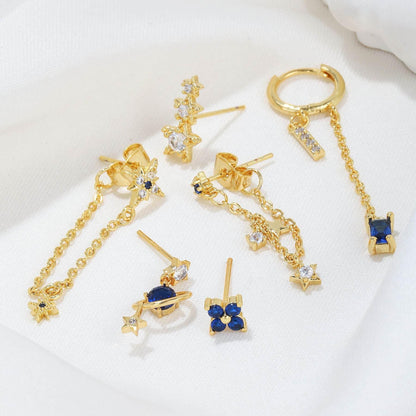 Stacking 6 Pieces Planet and Long Tassel Earring Set with Micro-Pavé Dazzling Zircons, 18k Gold Plated Ear Studs & Ear Drops, Stacked Lobe Design