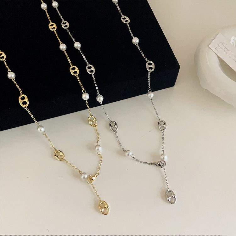 Womens Metal Pearl Design Necklace Niche Retro Minimalist Jewelry Hausofjb