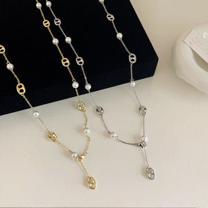 Womens Metal Pearl Design Necklace Niche Retro Minimalist Jewelry Hausofjb