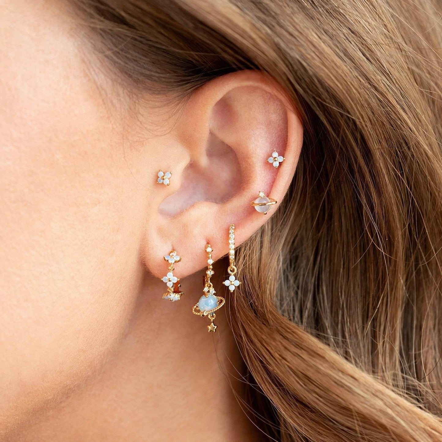 Stacking 6 Pieces Blue Flower Pierced Earring Set with Zircon, 18k Gold Plated Ear Studs and Ear Drops, Women's Fashion Jewelry for Party Daily Stacked Lobe Earrings