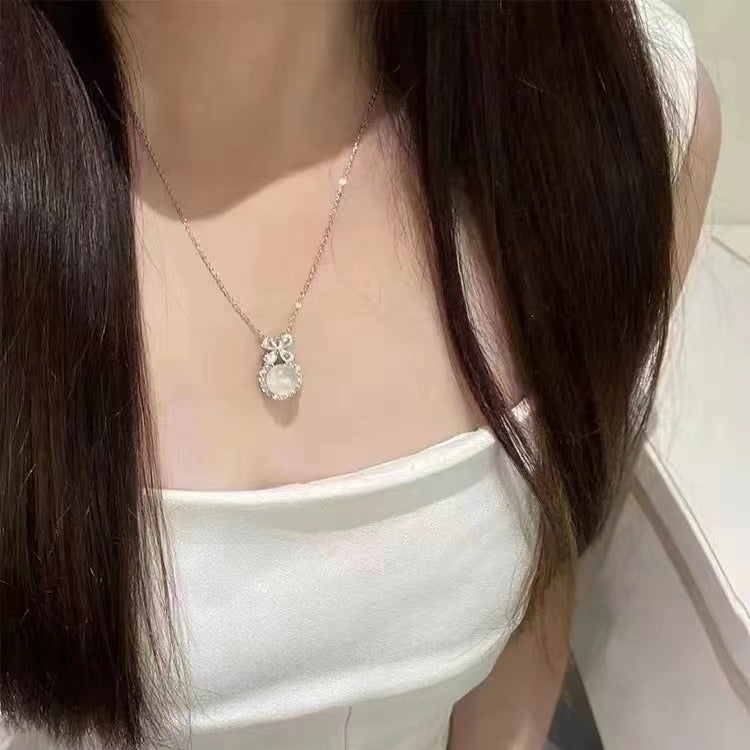 Women's White Chalcedony Titanium Steel Necklace Bow Design High Grade Classic Hausofjb