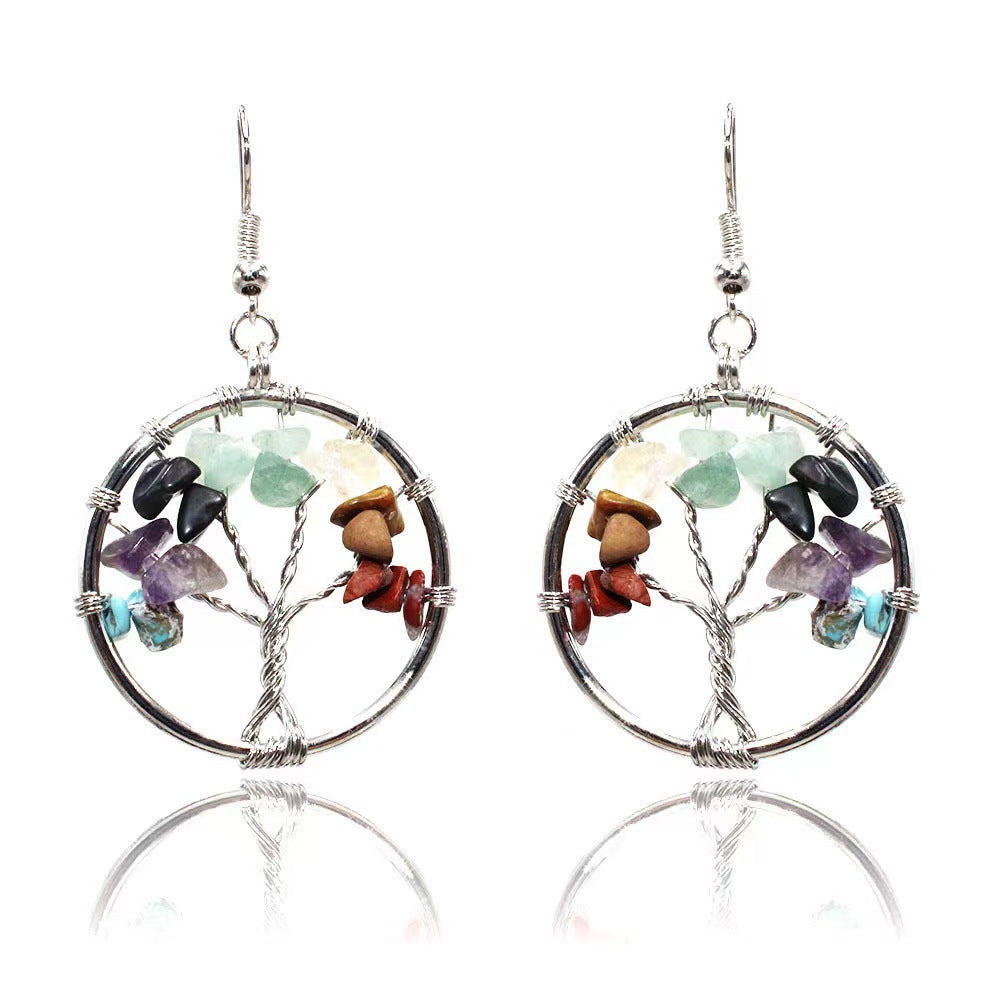 Lucky Tree Colorful Natural Crystal Stone Korean Style Necklace Silver Chain Hausofjb