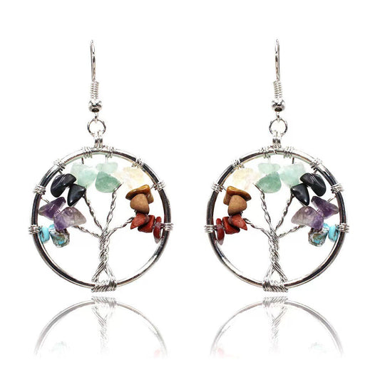 Lucky Tree Colorful Natural Crystal Stone Korean Style Necklace Silver Chain Hausofjb