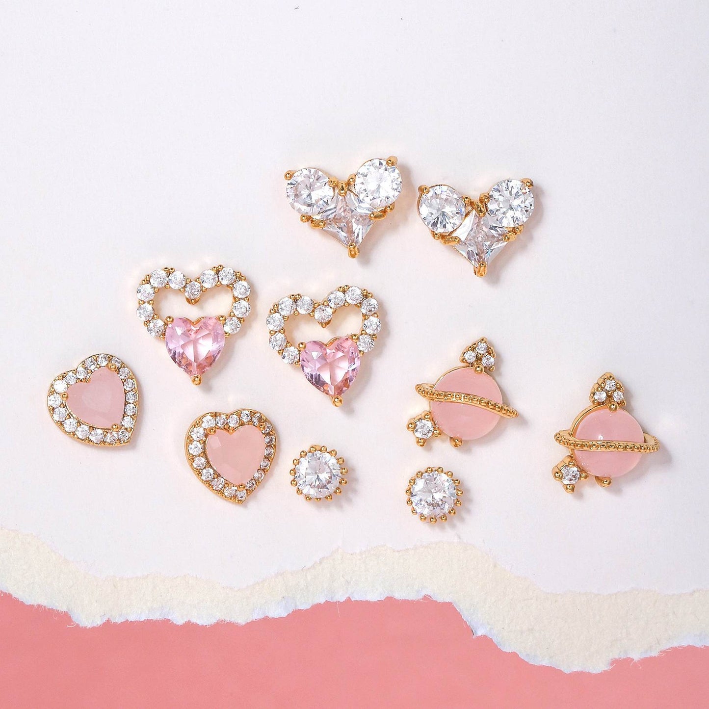 16 Pairs Pink Heart Stud Hoop Huggies Drop Earrings Set, 18K Gold Plated Stacking CZ & Pearl Designs, Planet Snowflake Moon Star | Cubic Zirconia