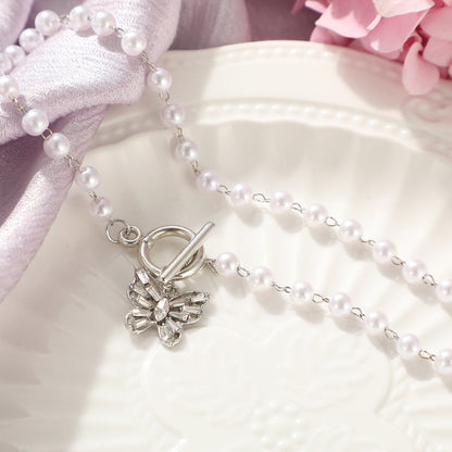 Alloy Butterfly Rhinestone Pearl Clavicle Chain Necklace Europe Style Hausofjb