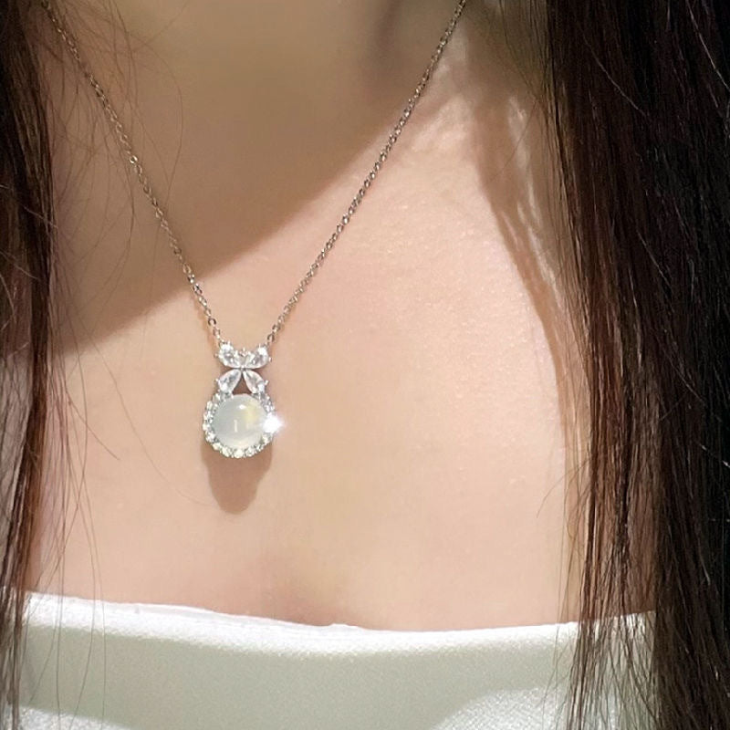 Women's White Chalcedony Titanium Steel Necklace Bow Design High Grade Classic Hausofjb