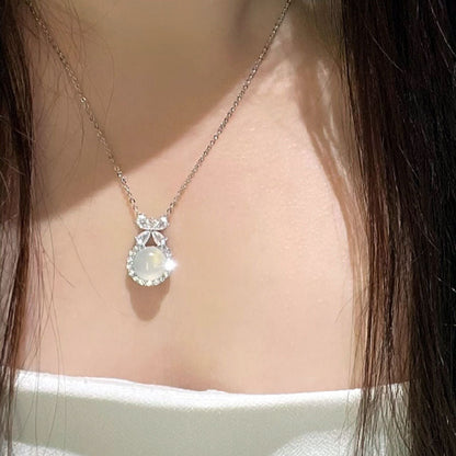 Women's White Chalcedony Titanium Steel Necklace Bow Design High Grade Classic Hausofjb
