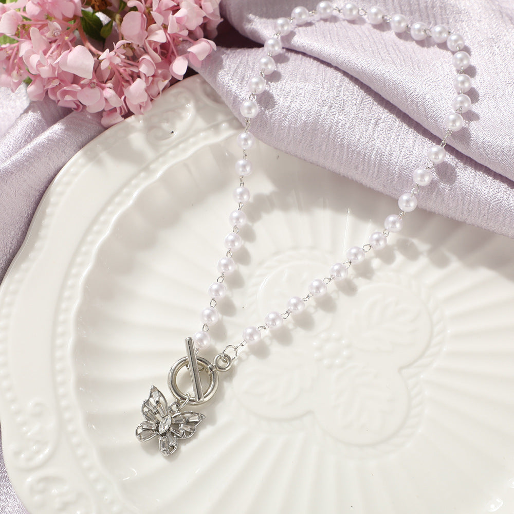 Alloy Butterfly Rhinestone Pearl Clavicle Chain Necklace Europe Style Hausofjb