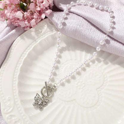 Alloy Butterfly Rhinestone Pearl Clavicle Chain Necklace Europe Style Hausofjb