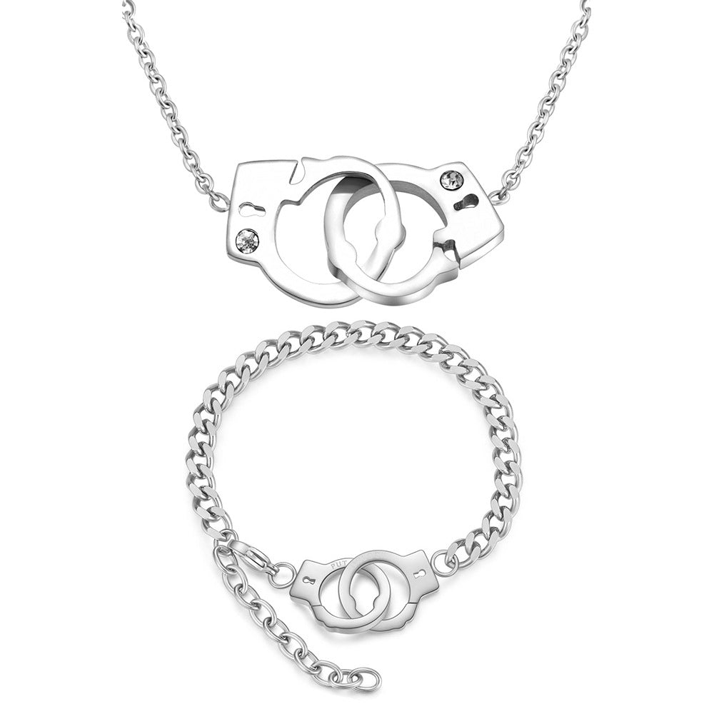 Women Titanium Steel Interlocking Handcuffs Necklace Set Fashion Jewelry Hausofjb