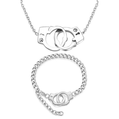 Women Titanium Steel Interlocking Handcuffs Necklace Set Fashion Jewelry Hausofjb