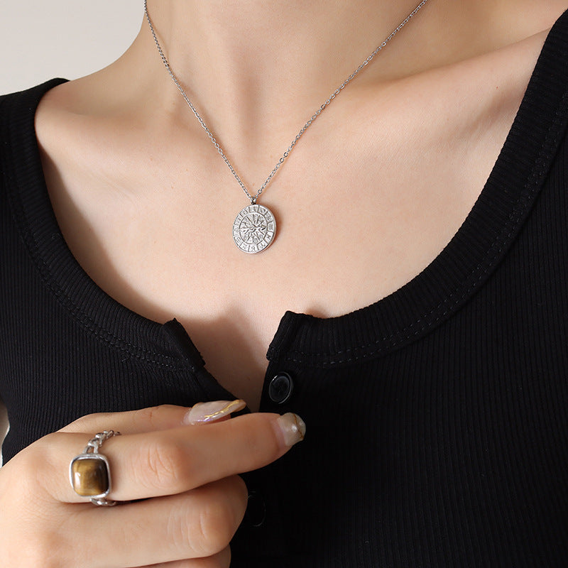 Round Zircon Inlaid Constellation Dial Hour Necklace In Titanium Steel Hausofjb