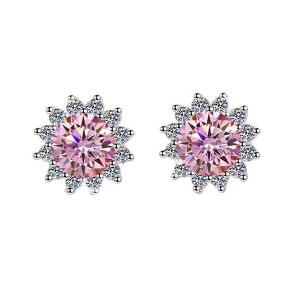 S925 Colorful Moissanite/CZ Sunflower Halo Stud Earrings, 12 Color 0.5ct D-Grade VVS Certificate, Hypoallergenic Sterling Silver Jewelry Gift