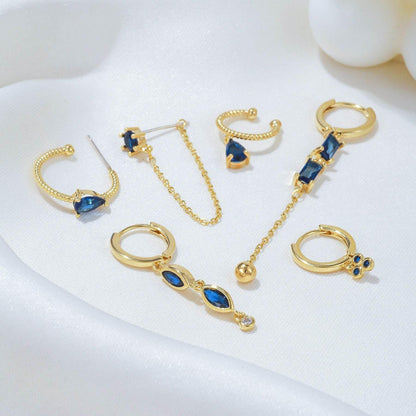 Stacking 6 Pieces Long Tassel Vintage Earring Set with Micro-Pavé Dazzling Blue Zircons, 18k Gold Plated Ear Studs & Ear Drops, S925 Needle, Stacked Lobe Designs with Dazzling Zirconia