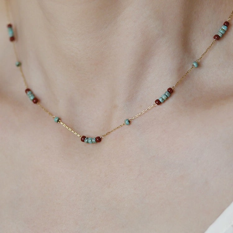 Women's Retro Turquoise Glass And Wine Red Beaded Necklace Titanium Steel Hausofjb