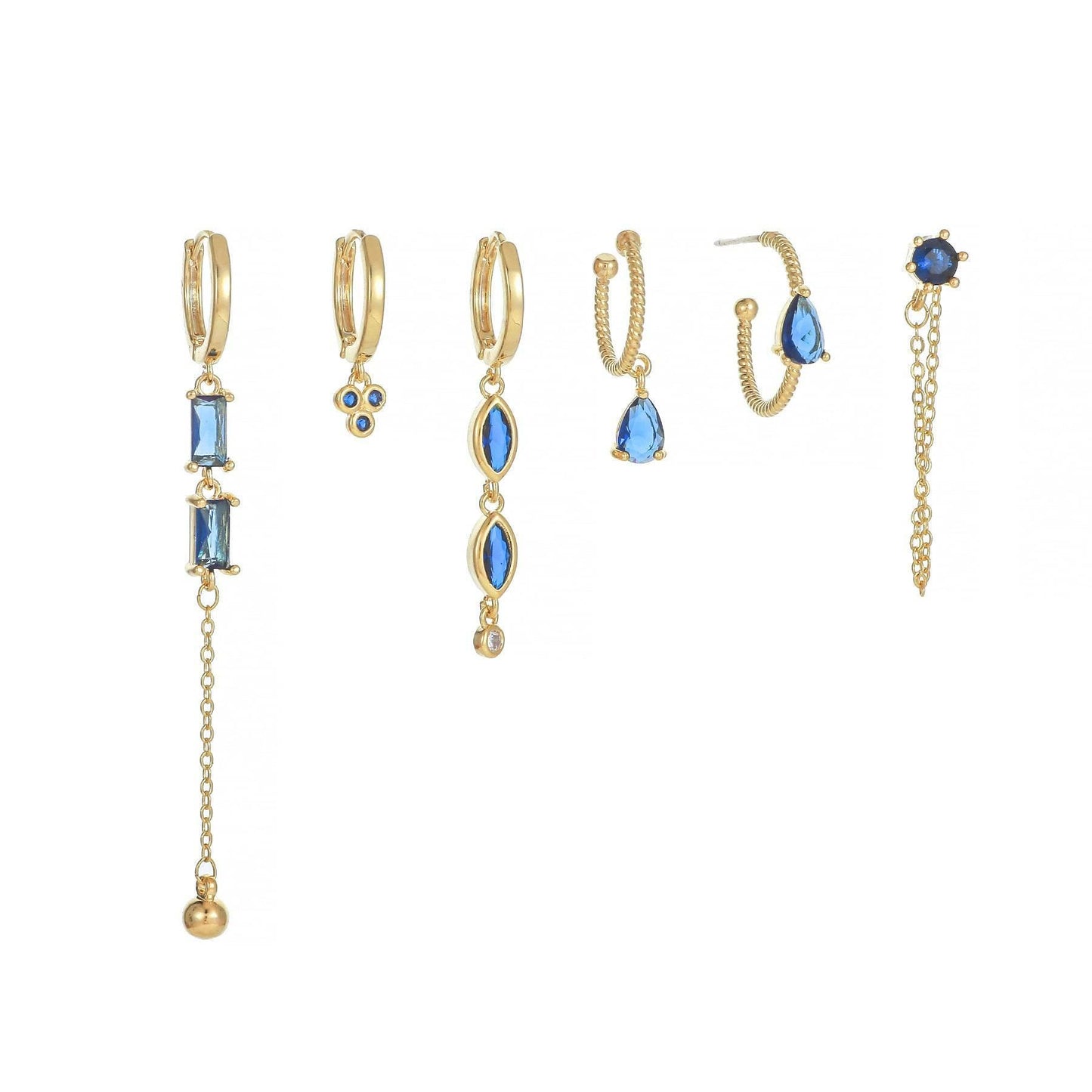 Stacking 6 Pieces Long Tassel Vintage Earring Set with Micro-Pavé Dazzling Blue Zircons, 18k Gold Plated Ear Studs & Ear Drops, S925 Needle, Stacked Lobe Designs with Dazzling Zirconia
