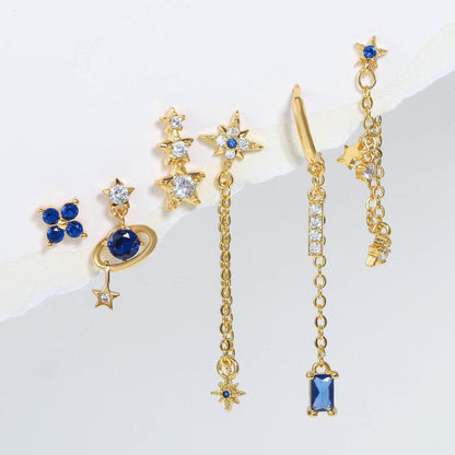 Stacking 6 Pieces Planet and Long Tassel Earring Set with Micro-Pavé Dazzling Zircons, 18k Gold Plated Ear Studs & Ear Drops, Stacked Lobe Design