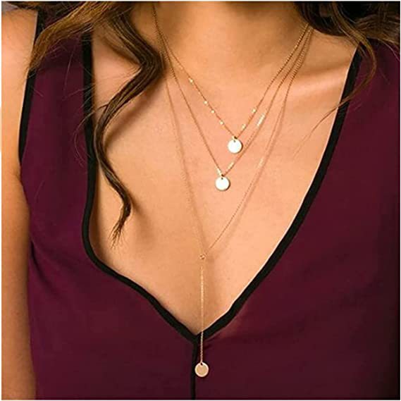 Layered Long Coin Necklace Set Gold and White Alloy European American Style Hausofjb