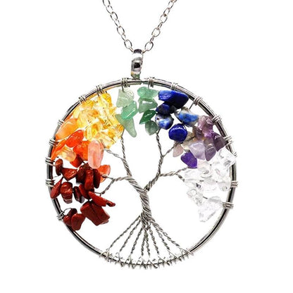 Lucky Tree Colorful Natural Crystal Stone Korean Style Necklace Silver Chain Hausofjb