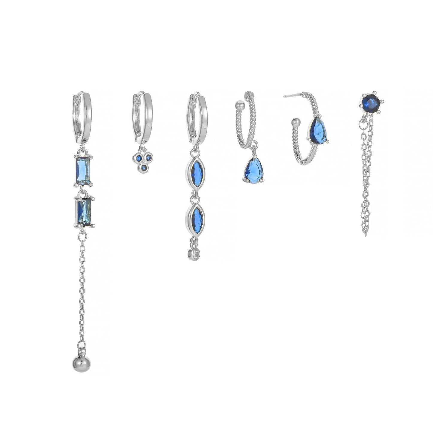 Stacking 6 Pieces Long Tassel Vintage Earring Set with Micro-Pavé Dazzling Blue Zircons, 18k Gold Plated Ear Studs & Ear Drops, S925 Needle, Stacked Lobe Designs with Dazzling Zirconia