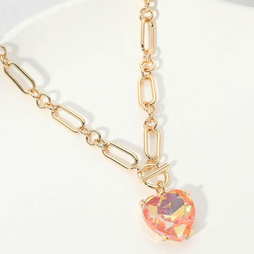 Women's Chunky Heart Stone Cluster Toggle Pendant Statement Necklace