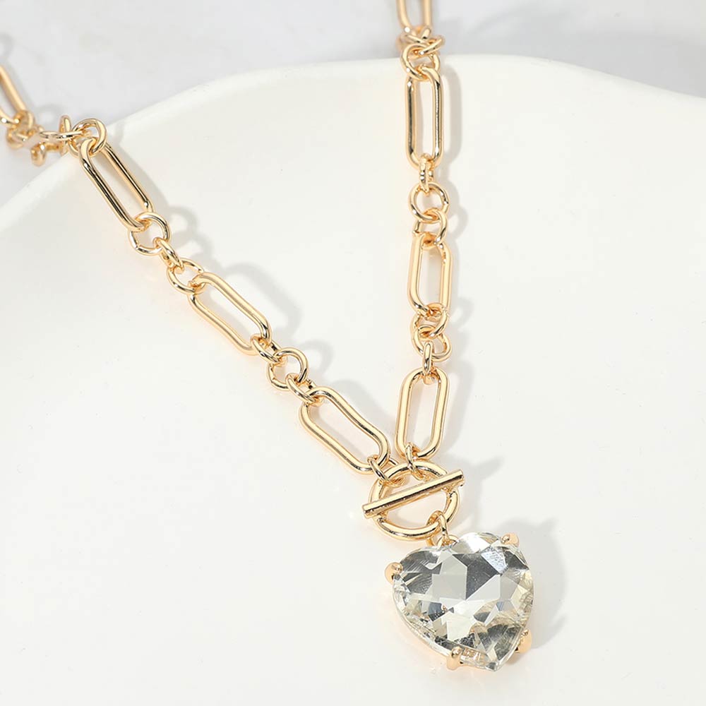 Women's Chunky Heart Stone Cluster Toggle Pendant Statement Necklace